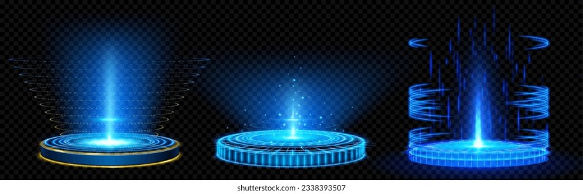 Digital portals on circle podiums with hologram and light effects. 3d futuristic platforms with blue neon beams isolated on transparent background, vector realistic set