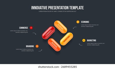 Modelo de apresentação de diagrama de opção 4 do portfólio digital. Layout de Quadros Infográficos de Quatro Elementos da Análise Empresarial. Visão geral profissional Ilustração de vetor de design de slide.