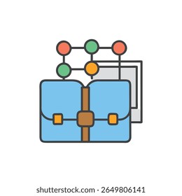 A digital portfolio icon connected to data network and document. The illustration uses flat graphic style and professional look.