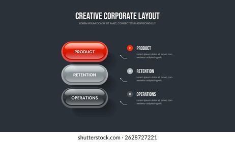 Digitales Portfolio Drei-Stufen-Infografik-Präsentationslayout. Marketing-Einführung 3 Option Diagramm Folienvorlage. Vektorgrafik zum Design von Werbeprojektionen.