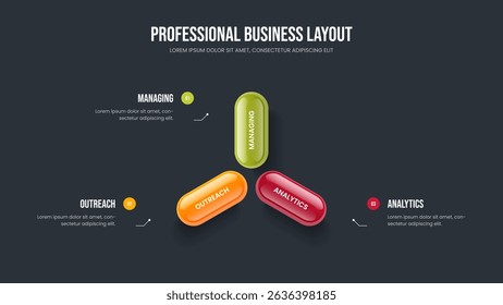 Digital Portfolio Three Step Infographic Slide Template. Service Briefing 3 Option Diagram Slideshow Layout. Financial Overview Frame Design Vector Illustration.