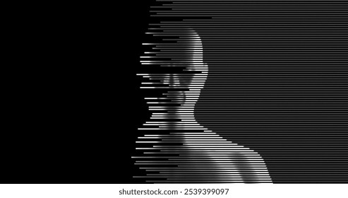 A digital portrait of a person created using horizontal lines of varying thickness to form the contours and features of the face, giving a sense of depth and volume. Vector illustration