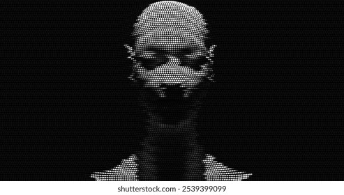 Un retrato digital de una persona creado con puntos blancos sobre un fondo negro. La técnica de punteado varía la densidad de los puntos para crear sombreado y profundidad, creando un efecto tridimensional. Vector