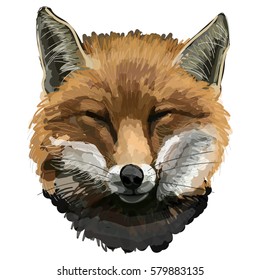 Digital portrait of a red fox, fox head with closed eyes. Imitation of traditional painting, watercolor.