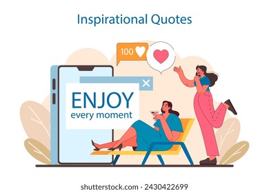 Digital Positivity Spread concept. People sharing and embracing uplifting quotes, showcasing the power of positive affirmations in the virtual community. Flat vector illustration.