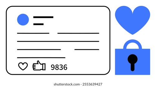 A digital post displays a like count, heart icon, and blue padlock icon. Ideal for social media, digital interaction, online security, privacy, internet trends. Flat vector style