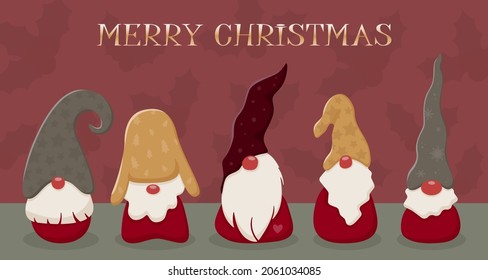 Digitale Postkarte mit süßen Gnomen zu Weihnachten. Vektorflache Illustration für Einladungen, Geschenkbox, Etikettendekoration.