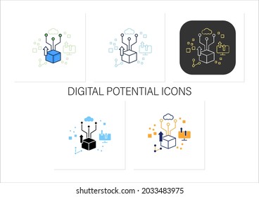Digital potential icons set. Competitiveness and growth. Digital transformation concept.Collection of icons in linear, filled, color styles.Isolated vector illustrations