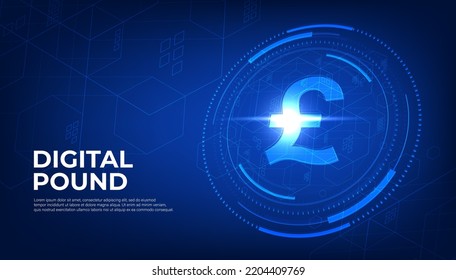 Digital Pound currency sign, CBDC currency futuristic digital money on blue abstract technology background, vector.