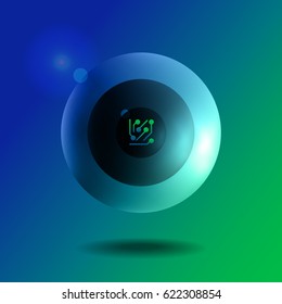 Digital power button with electronic circuit. Screen saver with icon of chip. Status indicator of access to system settings. Digital eye with symbol of circuit board. TV element, virtual reality, web.