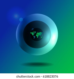 Digital power button of global service. Screen saver with icon of world map. Status indicator of access to global point. Digital eye with symbol of worldmap. TV element, virtual reality, web, apps.