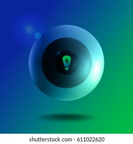 Digital power button of lighting. Screen saver with icon of bulb. Status indicator of access to energy. Digital eye with symbol of bulb. Interface element, banner for TV, virtual reality, web, apps.