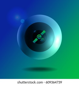 Digital power button of satellite internet. Screen saver with icon of satellite. Status indicator of access to internet. Digital eye with symbol of satellite. Interface element for TV, virtual reality
