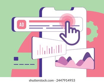 Digital PPC dashboard shows campaign performance through graphs and charts. Pay-per-click campaign monitor metrics like click-through rates, ppc conversion rates and quality score. Vector illustration