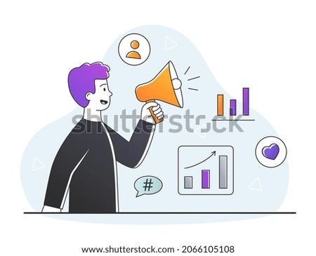 Digital PR concept. Man with loudspeaker calls people to him. Attracting new audience, blogger looking for subscribers. Shares on social media, popularity, influencer. Cartoon flat vector illustration