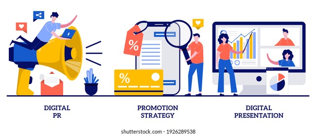 Relaciones públicas digitales, estrategia de promoción, concepto de presentación digital con gente pequeña. Conjunto de ilustraciones vectoriales de campaña de marketing en línea. Gestión de la reputación, fidelidad al cliente, metáfora de la conciencia de la marca.
