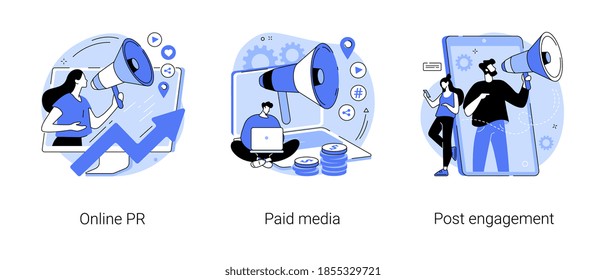 Digital PR service abstract concept vector illustration set. Online PR, paid media, post engagement, copywriting, corporate communication, follower interaction, public relations abstract metaphor.