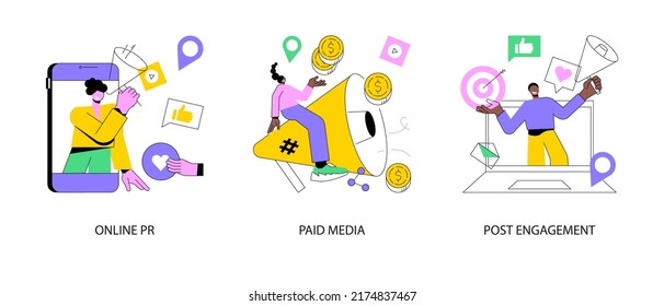 Digital PR service abstract concept vector illustration set. Online PR, paid media, post engagement, copywriting, corporate communication, follower interaction, public relations abstract metaphor.