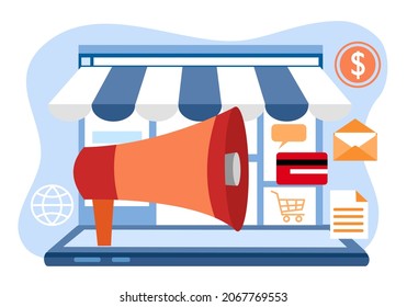 Digital pr strategy. Online store advertisement concept vector illustration. E-commerce promotion plan. Website promotes marketing.