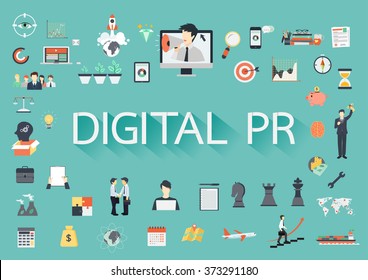 Digital PR Vector Concept With Flat Icons Illustration For Presentations And Reports