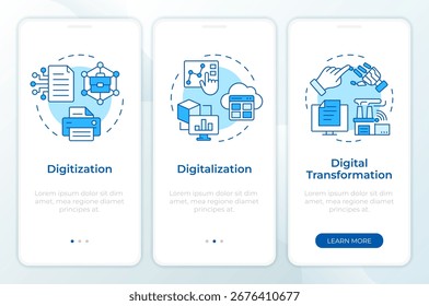 Digital practices blue onboarding mobile app screen. Statistical analysis. Walkthrough 3 steps editable graphic instructions with linear concepts. UI, UX, GUI