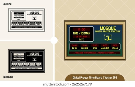 Digital Prayer Time Board ilustração vetorial em 3 estilo gráfico de variação. Cor realista, contorno e preenchimento preto. Moderna mesquita Wall Clock tendências na Indonésia. Elemento de design de ramadã editável.
