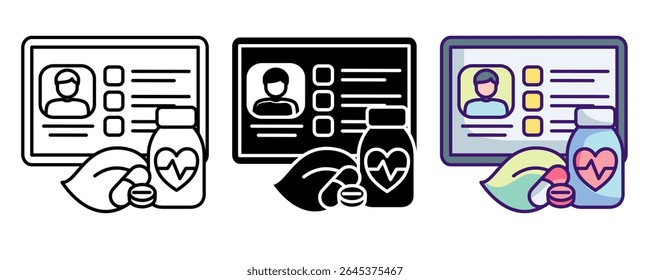 Ícone de prescrição digital representado pelo tablet checklist, droga, folha, linha de avatar, preenchido, estilo de cor.