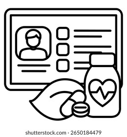 Ícone de prescrição digital representado pelo tablet checklist, droga, folha, estilo de linha de avatar.