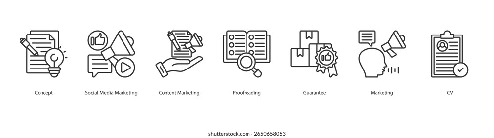 Presença digital banner web icon set vetor ilustração conceito com ícone de conceito, marketing de mídia social, marketing de conteúdo, revisão, garantia, marketing, cv