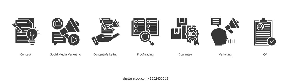 Presença digital banner web icon set vetor ilustração conceito com ícone de conceito, marketing de mídia social, marketing de conteúdo, revisão, garantia, marketing, cv