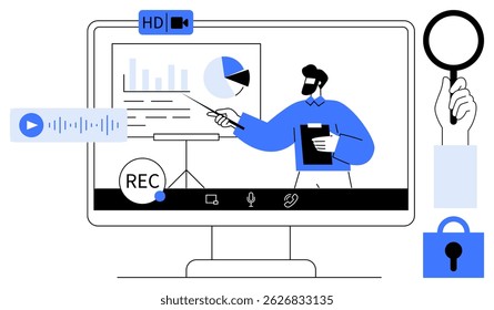Digital presentation with a man pointing at charts on a screen. Includes icons for recording, magnifying glass, and security. Ideal for online learning, remote work, digital meetings, virtual