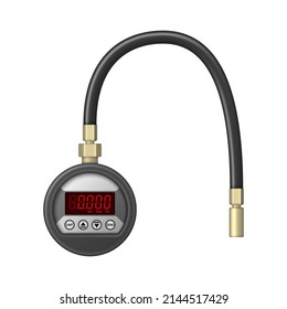 Digital pressure gauge with flexible hose isolated on white background. Device for measuring pressure. Vector illustration.