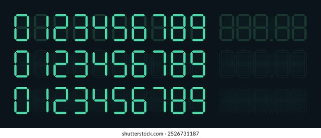 Digital price tag numbers in a seven-segment display style with a glowing green effect. The numbers include digits from 0 to 9, with various configurations and decimal points. Vector illustration 