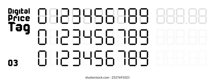 Digitale Preisschildnummern im Stil von sieben Segmenten auf weißem Hintergrund. Die Zahlen enthalten Ziffern von 0 bis 9, mit verschiedenen Konfigurationen und Dezimalstellen. Design kann für den Einzelhandel verwendet werden