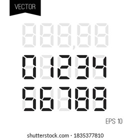 Digital Price Tag Or Numbers Vector Template For Shop Or Supermarket. Store Price Label For Retail Display Or Sale. Vector Set Of Electronic Numbesr For LCD Calculator Digits.