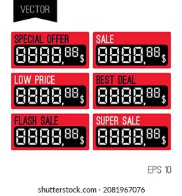 Digital Price Tag Or Numbers Vector Template For Shop Or Supermarket. Store Price Label For Retail Display Or Sale. Price Template For All Digits. Shape For Writing Cost Of Product.