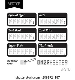 Etiqueta de precio digital o plantilla vectorial de números para tienda o supermercado. Etiqueta de precio de tienda para presentación o venta al por menor. Forma para escribir el costo del producto. Venta, mejor precio, mejor oferta y otros.