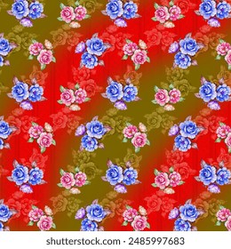 Fondo de diseño de impresión digital con objetos coloridos y flores Diseño textil paquistaní