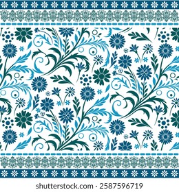digital print design featuring vintage floral all over motif with border embroidery
