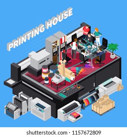 Digital print house with latest technology designers team providing solutions for customers projects isometric composition vector illustration 