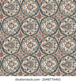 Digital Print of Round Pattern overall Floral Arrangements on grey color.
