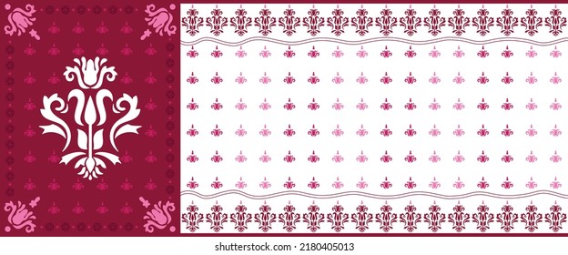 Fondo de la ilustración del sari del patrón textil de impresión digital. Decorativo adorno floral de los chales de Qatar en el logo de la copa mundial de fútbol. Fondo Rosa, Blanco. Diseño de ilustración vectorial.