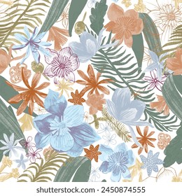 Digital Printed pattern textile design hand draw motifs beautiful flowers