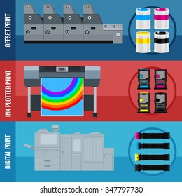 Digital printer collection. Polygraph equipment. Vector color printer. Cyan, magenta, yellow, black paint. Color Ink and cartridge. Laser, ink, offset machine.  Press media business template.