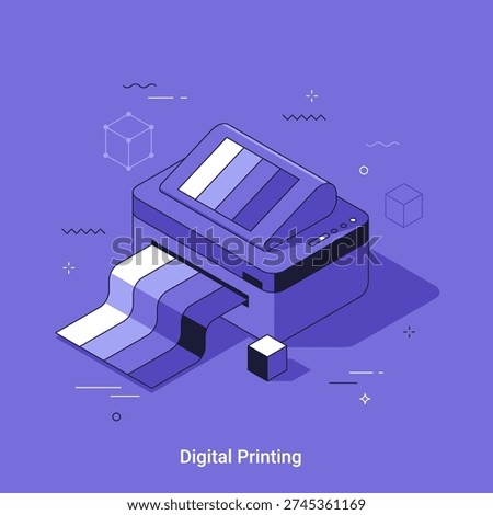 Digital printer producing colored paper. Isometric vector illustration for modern technology, office equipment, color production, graphic design, and document output.