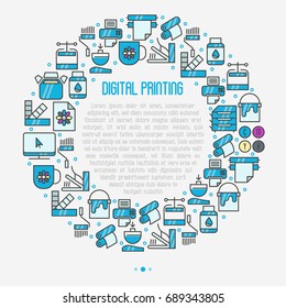 Digital printing concept in circle with thin line icons. Vector illustration for web page, banner, print media.