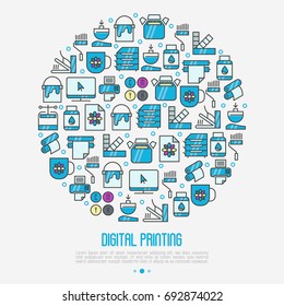 Digital printing concept in circle with thin line icons. Vector illustration for web page, banner, print media.
