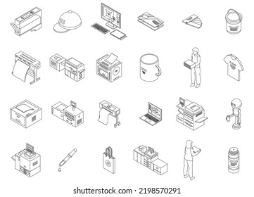 Digital printing icons set. Isometric set of digital printing vector icons outline thin lne isolated on white