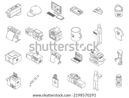 Digital printing icons set. Isometric set of digital printing vector icons outline thin lne isolated on white