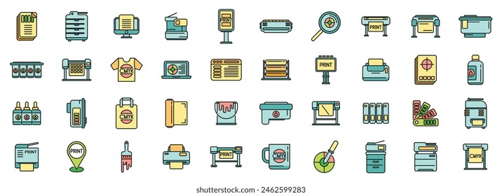 Digital printing icons set outline vector. Computer printer. Paper digital thin line color flat on white